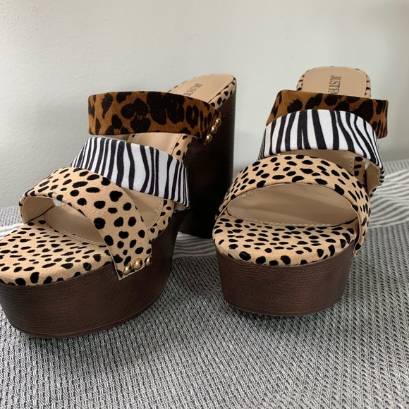 JUSTFAB multi animal print platform wedge sandals size women’s 7 1/2 - Picture 3 of 11